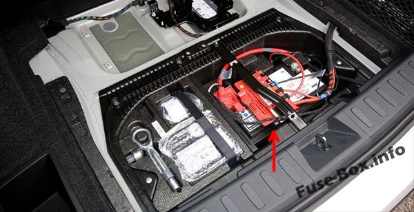 トランク内のバッテリーのヒューズ：BMW X1（2010、2011、2012、2013、2014、2015）
