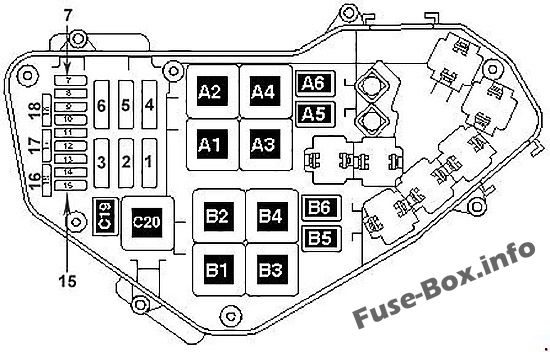 Under-hood fuse box diagram: Volkswagen Touareg (2006, 2007, 2008, 2009, 2010)