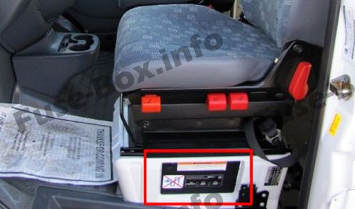 Caja de fusibles debajo del asiento del conductor (ubicación): Dodge Sprinter (2002, 2003, 2004, 2005, 2006)