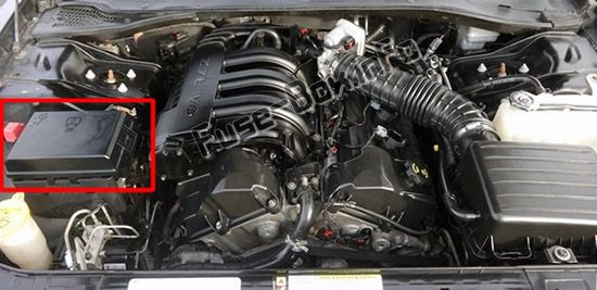 The location of the fuses in the engine compartment: Chrysler 300 / 300C (2008, 2009, 2010)