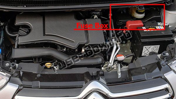 The location of the fuses in the engine compartment: Citroen C1 (2014, 2015, 2016, 2017, 2018, 2019)