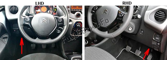 The location of the fuses in the passenger compartment: Citroen C1 (2014, 2015, 2016, 2017, 2018, 2019)