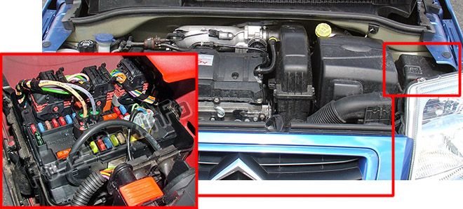 The location of the fuses in the engine compartment: Citroen C2 (2007, 2008)