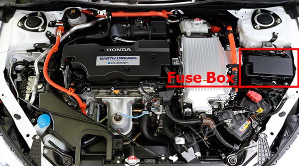 The location of the fuses in the engine compartment: Honda Accord Hybrid (2014, 2015, 2016, 2017)