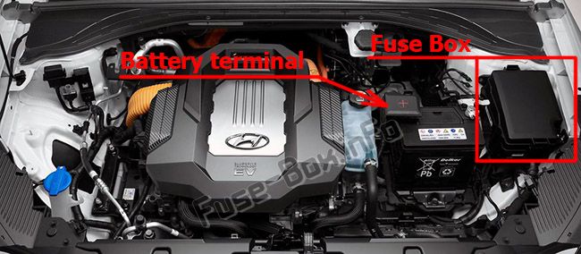 La posizione dei fusibili nel vano motore: Hyundai Ioniq Electric (2017, 2018, 2019 -...)