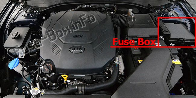 The location of the fuses in the engine compartment: KIA Cadenza / K7 (2017, 2018, 2019-...)