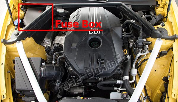The location of the fuses in the engine compartment: KIA Stinger (2018, 2019-...)