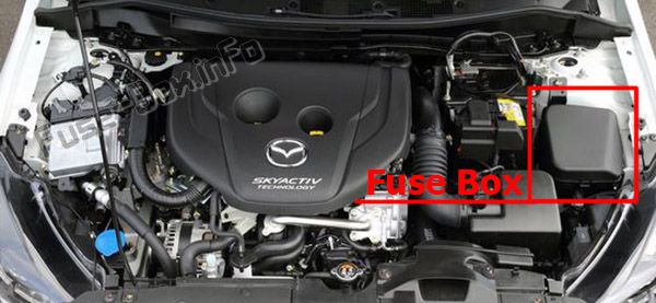 La posizione dei fusibili nel vano motore: Mazda 2 (2015-2019- ..)