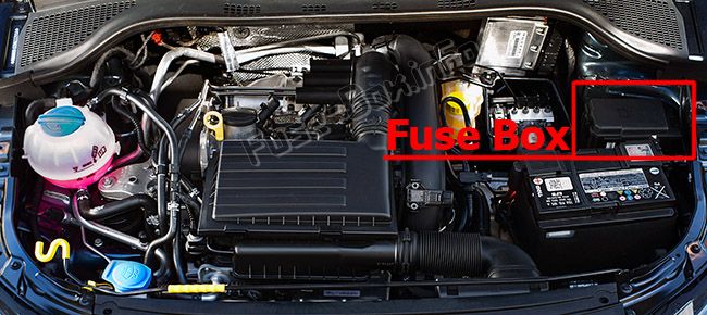 The location of the fuses in the engine compartment: SEAT Toledo (2016, 2017, 2018)
