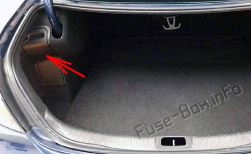 The location of the fuses in the trunk: Saab 9-5 (2010, 2011, 2012)