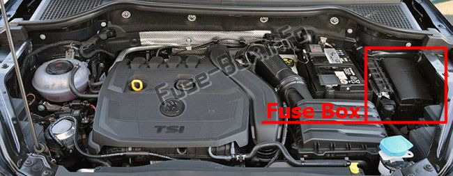 The location of the fuses in the engine compartment: Skoda Karoq (2017, 2018, 2019-...)