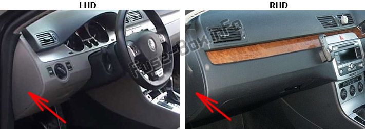 The location of the fuses in the dashboard (left): Volkswagen Passat B6 (2005-2010)