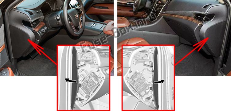 The location of the fuses in the passenger compartment: Cadillac Escalade (2015, 2016, 2017, 2018-..)