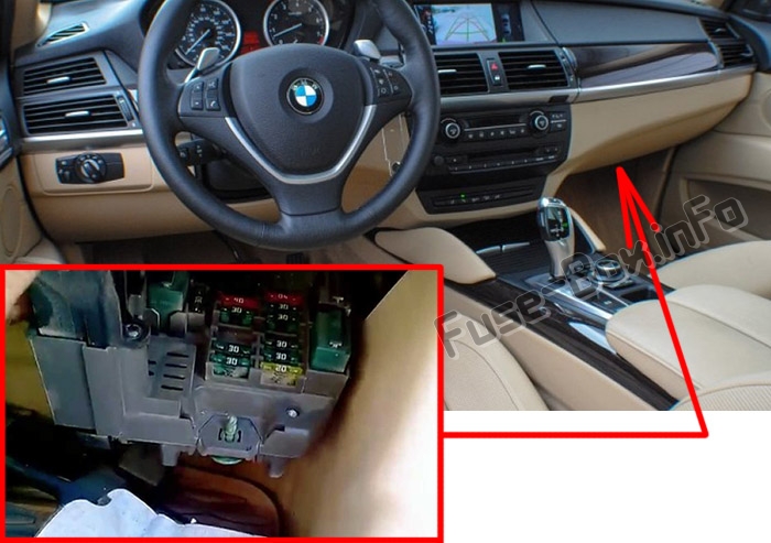 Location of the fuses in the passenger compartment: BMW X6 (2008-2014)
