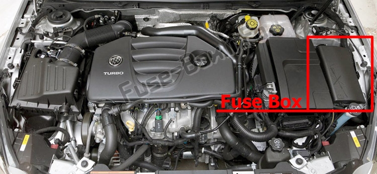The location of the fuses in the engine compartment: Buick Regal (2011-2017)