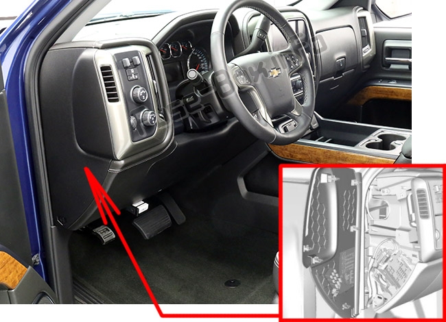 The location of the fuses in the passenger compartment: Chevrolet Silverado (mk3; 2014-2018)
