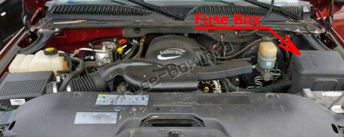 L'emplacement des fusibles dans le compartiment moteur : Chevrolet Suburban / Tahoe (GMT800 ; 2000-2006)