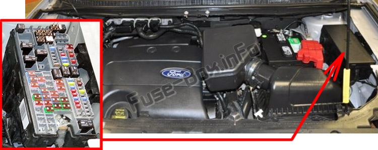 The location of the fuses in the engine compartment: Ford Edge (2011-2014)