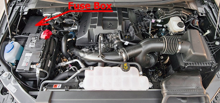 The location of the fuses in the engine compartment: Ford F-150 (2015-2019..)