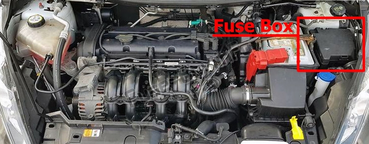 La posizione dei fusibili nel vano motore: Ford Fiesta (2014-2019)