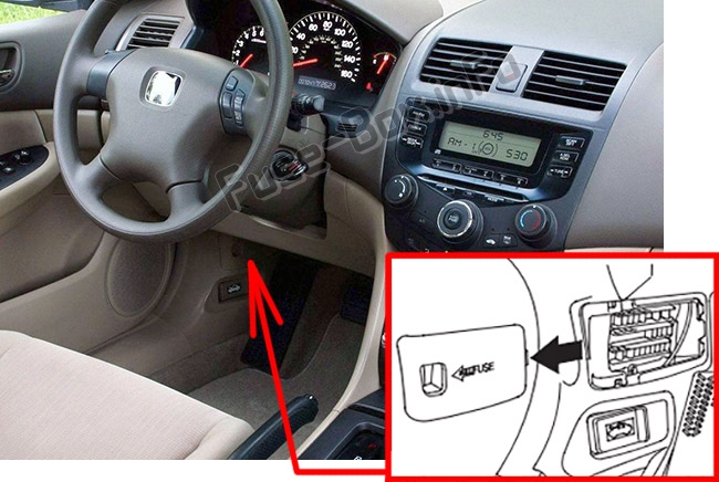 The location of the fuses in the passenger compartment: Honda Accord (2003-2007)