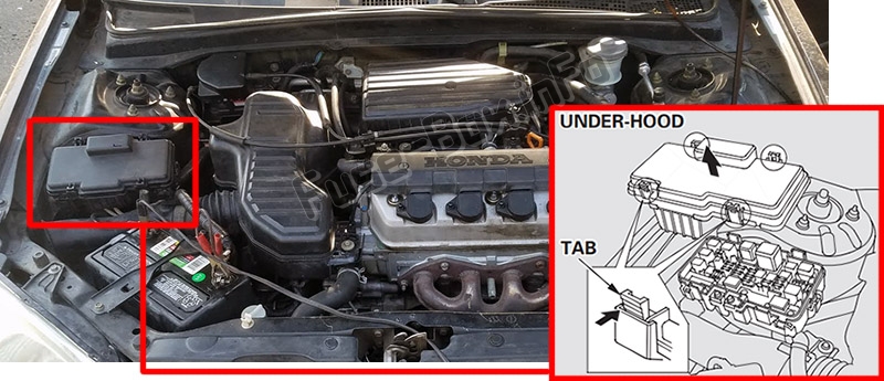 La posizione dei fusibili nel vano motore: Honda Civic (2001-2005)