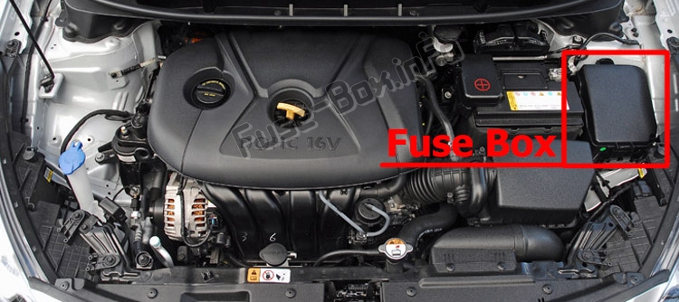 La posizione dei fusibili nel vano motore: Hyundai Elantra GT (GD; 2012-2017)
