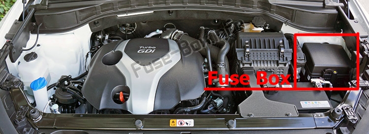 L'emplacement des fusibles dans le compartiment moteur : Hyundai Santa Fe Sport (DM/NC ; 2015-2018)