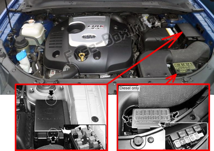 La posizione dei fusibili nel vano motore: KIA Sportage (JE / KM; 2004-2010)