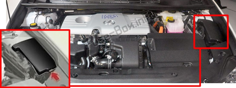 The location of the fuses in the engine compartment: Lexus CT200h (A10; 2011-2017)
