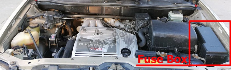 L'emplacement des fusibles dans le compartiment moteur : Lexus RX300 (XU10 ; 1999-2003)