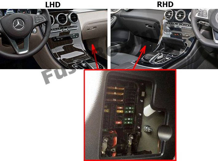 Die Position der Sicherungen im Fahrgastraum: Mercedes-Benz GLC-Klasse (X253 / C253; 2015-2019 ..)