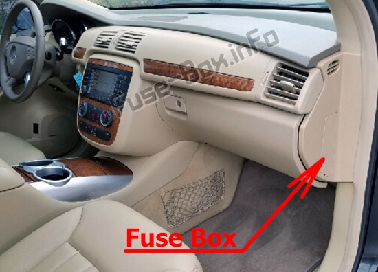 The location of the fuses in the passenger compartment: Mercedes-Benz R-Class (W251; 2005-2013)