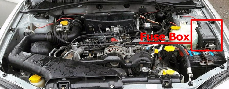 The location of the fuses in the engine compartment: Subaru Outback (1999-2004)