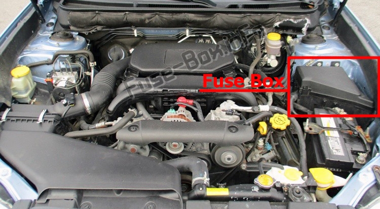The location of the fuses in the engine compartment: Subaru Outback (2010-2014)