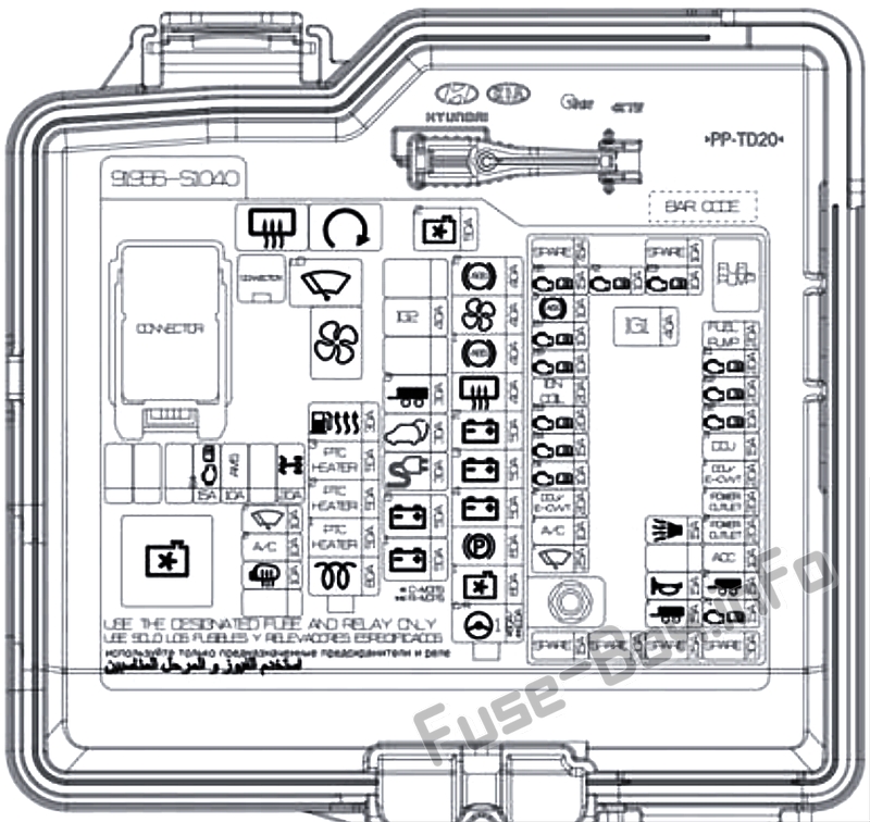 Schema della scatola dei fusibili sotto il cofano: Hyundai Santa Fe (UK) (TM; 2019)