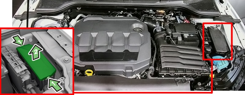 The location of the fuses in the engine compartment: Skoda Kamiq / Scala (2019, 2020-..)