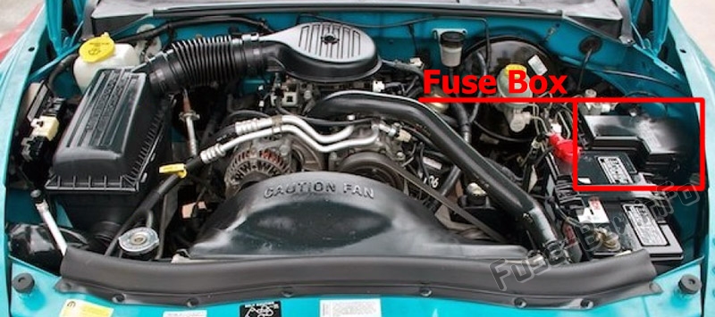 The location of the fuses in the engine compartment: Dodge Dakota (1996-2000)