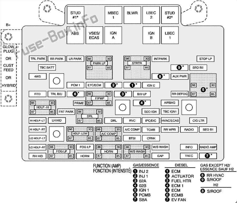 Schema des Sicherungskastens unter der Motorhaube: Hummer H2 (2007)