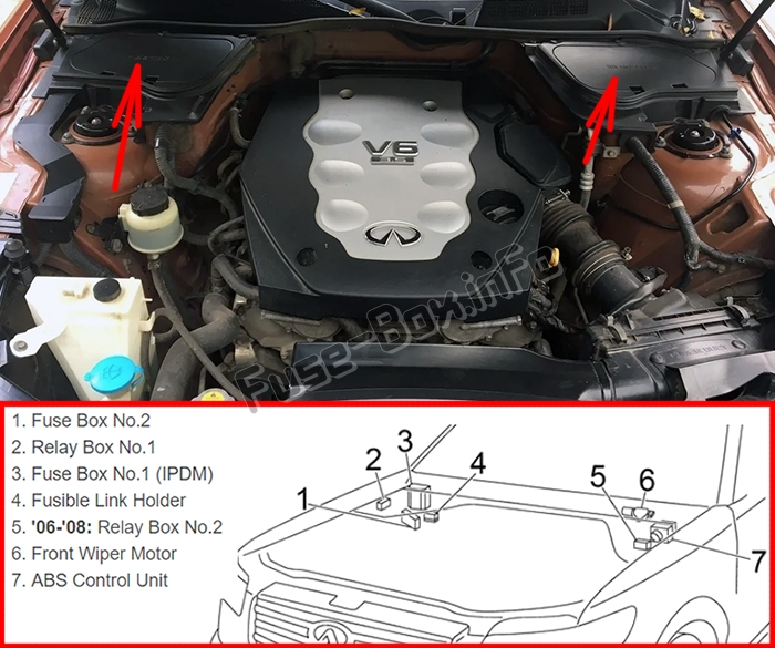 The location of the fuses in the engine compartment: Infiniti FX35/FX45 (2003-2008)