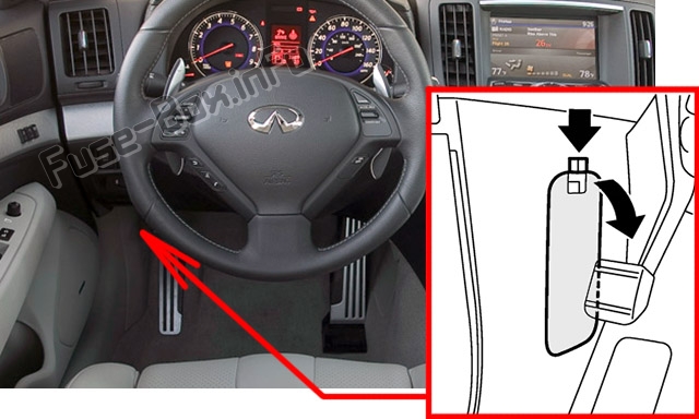 The location of the fuses in the passenger compartment: Infiniti G25/G35/G37/Q40 (2006-2015)