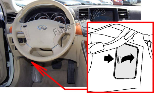 The location of the fuses in the passenger compartment: Infiniti M35, M45 (2006-2010)