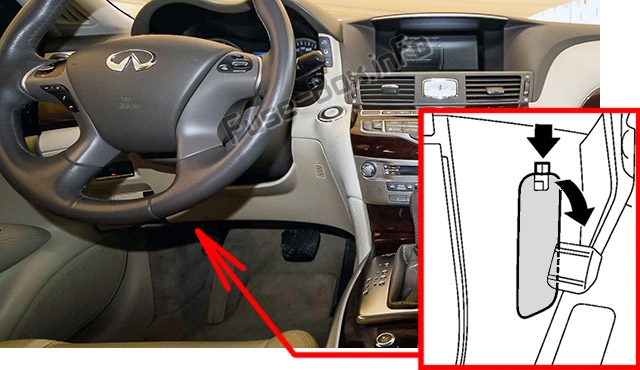 The location of the fuses in the passenger compartment: Infiniti Q70 (2013-2019)