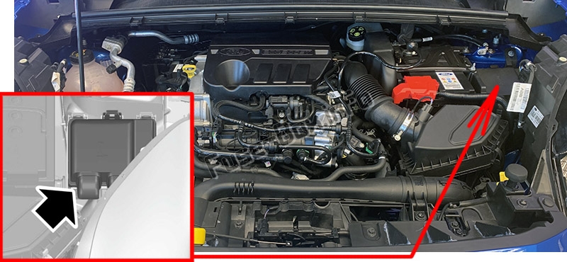 La posizione dei fusibili nel vano motore: Ford Puma (2019, 2020)