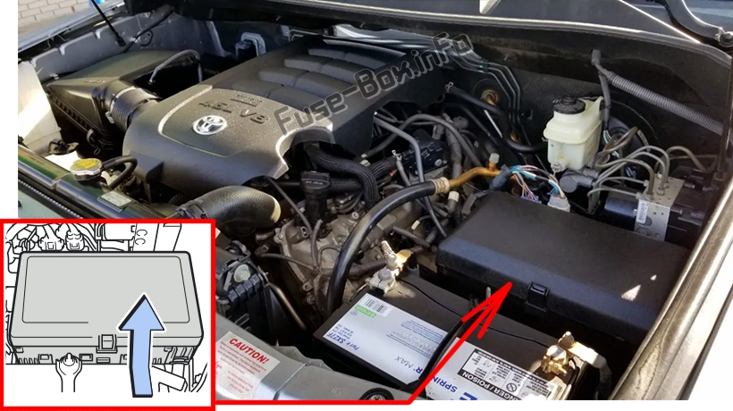 The location of the fuses in the engine compartment: Toyota Tundra (2007-2013)