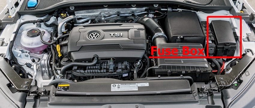 The location of the fuses in the engine compartment: Volkswagen Arteon (2017, 2018, 2019)