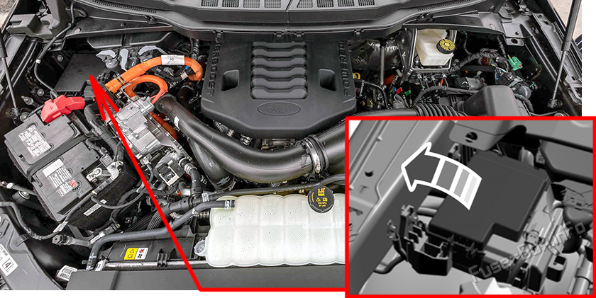 The location of the fuses in the engine compartment: Ford F-150 (2021, 2022)