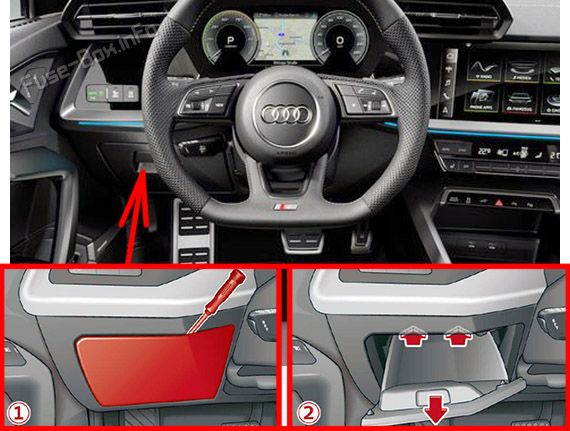 Die Position der Sicherungen im Fahrgastraum (LHD): Audi A3 / S3 (2020, 2021, 2022)