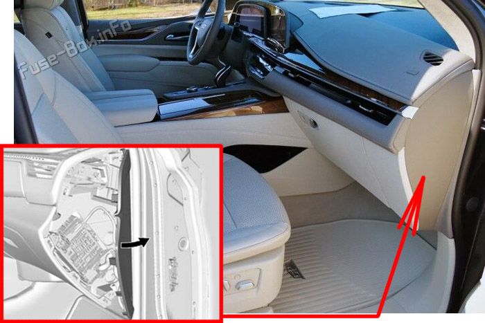 The location of the fuses in the passenger compartment: Cadillac Escalade (2021, 2022)