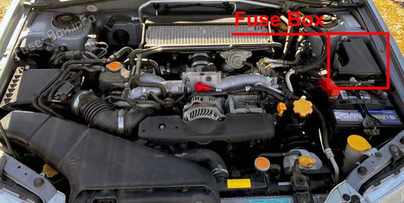The location of the fuses in the engine compartment: Saab 9-2x (2005, 2006)